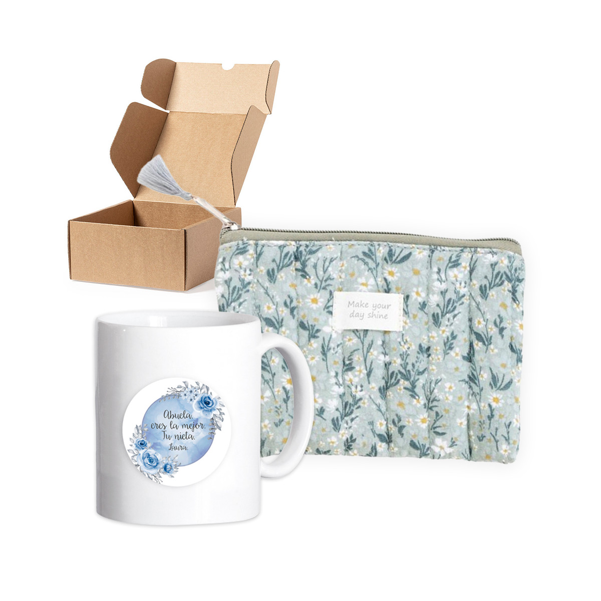 Nécessaire floral com caneca personalizada apresentada em caixa para detalhes