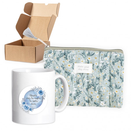 Nécessaire floral com caneca personalizada apresentada em caixa para detalhes