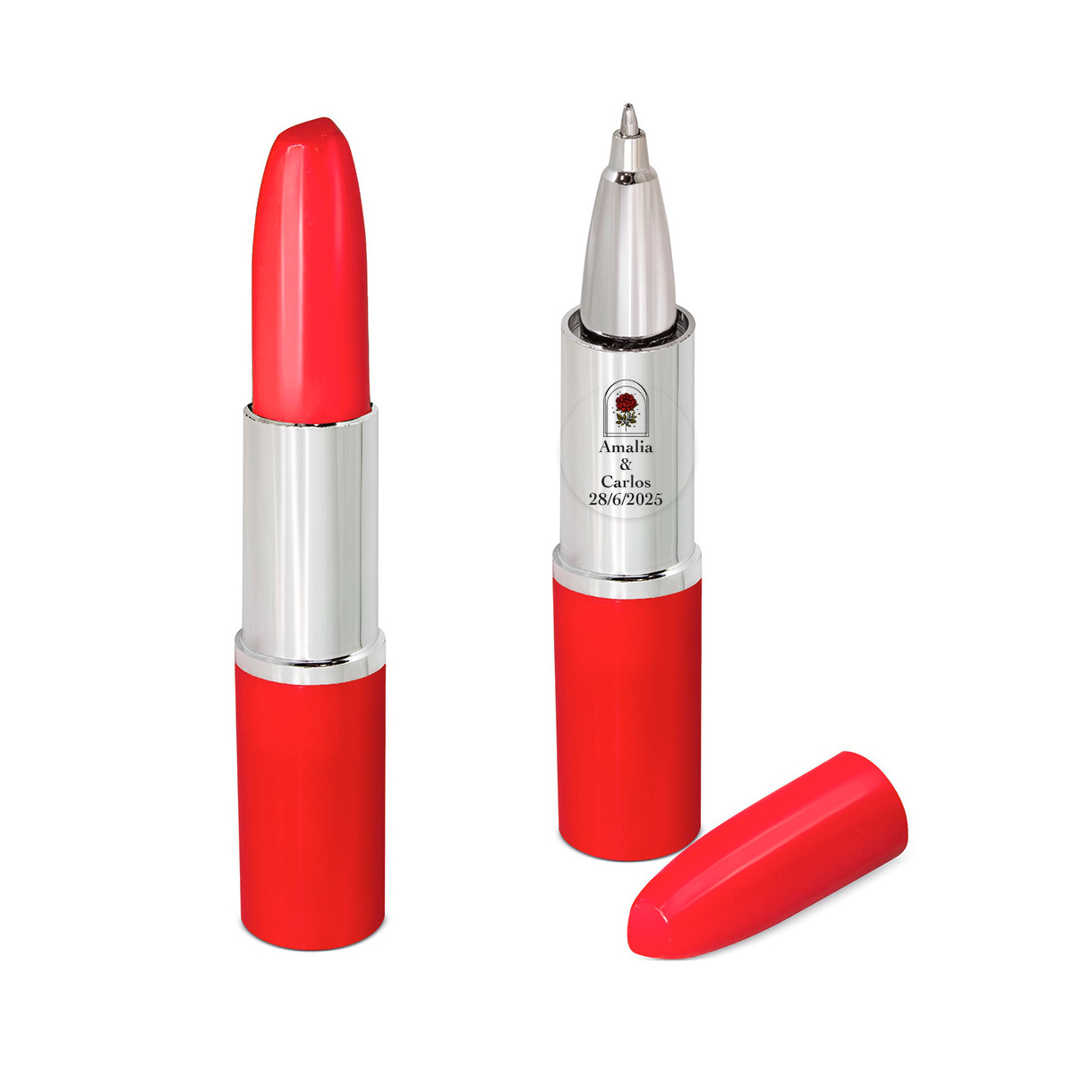 Caneta com formato de batom vermelho e adesivo rosa vintage para detalhes