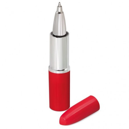 Caneta com formato de batom vermelho e adesivo rosa vintage para detalhes