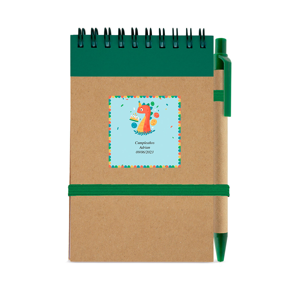 Caderno com caneta e adesivo de design de dinossauro para detalhes