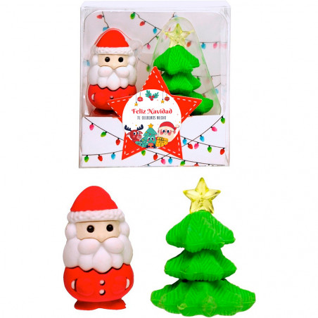 Borrachas de natal em uma caixa com adesivo de natal personalizável para detalhes