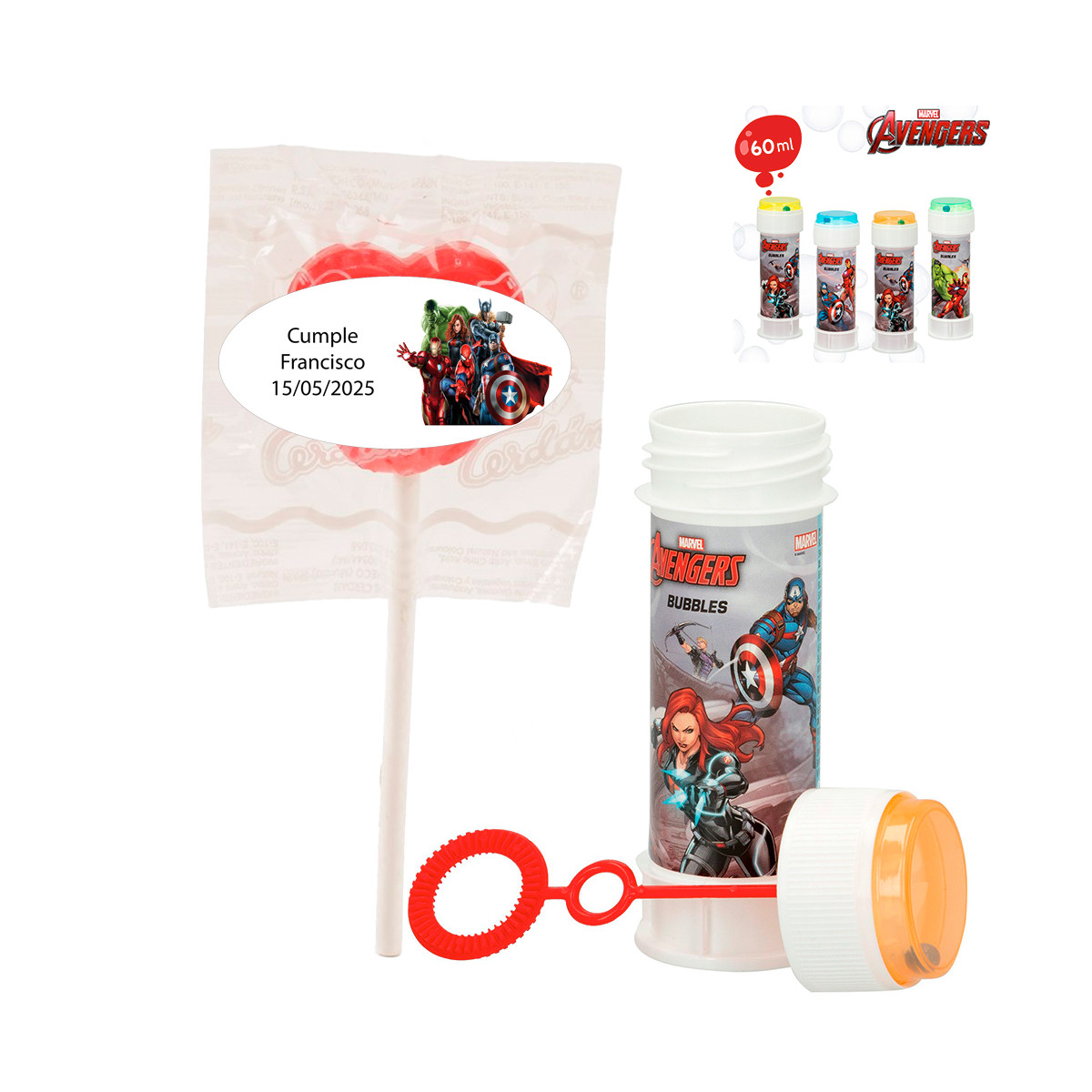 Pompero e pirulito com adesivo dos Vingadores personalizável para detalhes
