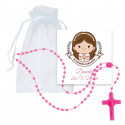 Rosário fúcsia de silicone com cartão de menina de comunhão personalizado em bolsa de organza