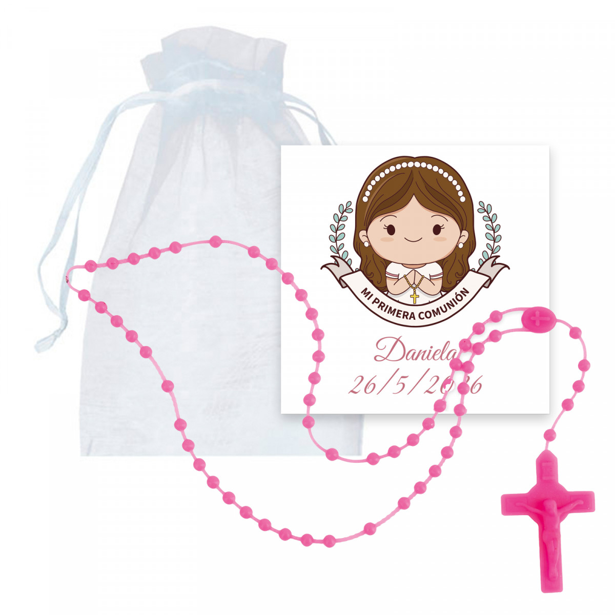 Rosário fúcsia de silicone com cartão de menina de comunhão personalizado em bolsa de organza