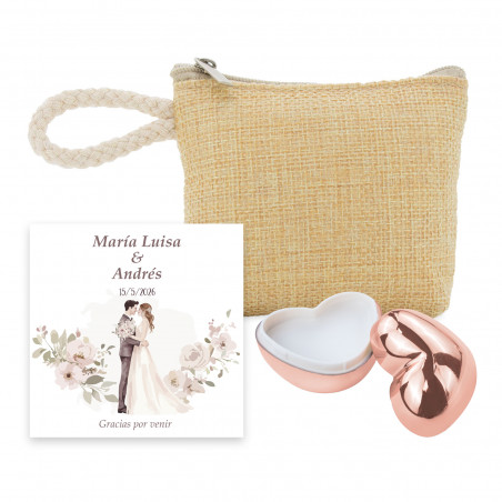 Bálsamo labial em formato de coração e bolsa com cartão romântico personalizado para casamento