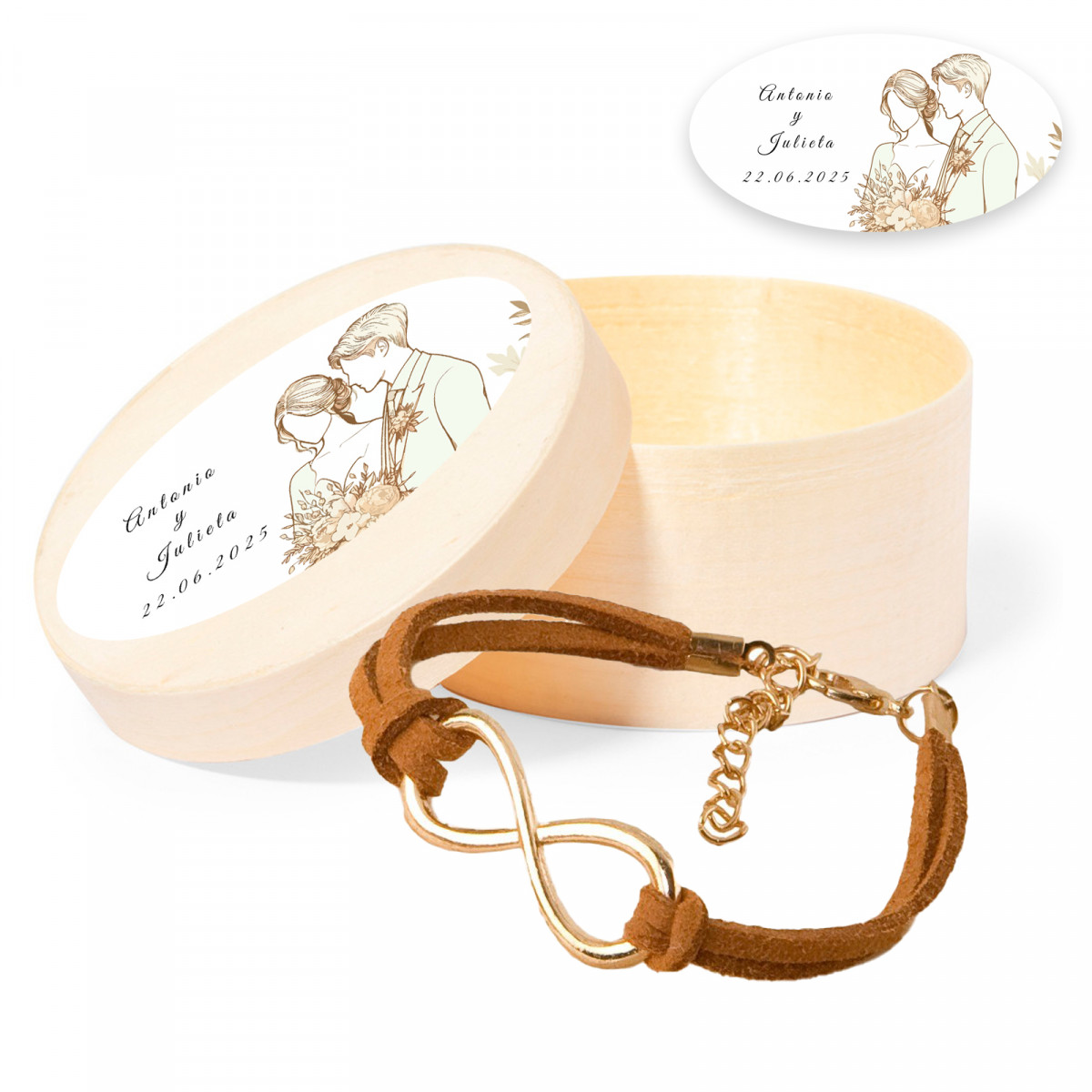 Pulseira de infinito dourada em caixa de madeira personalizada com adesivo ovalado romântico para casamentos