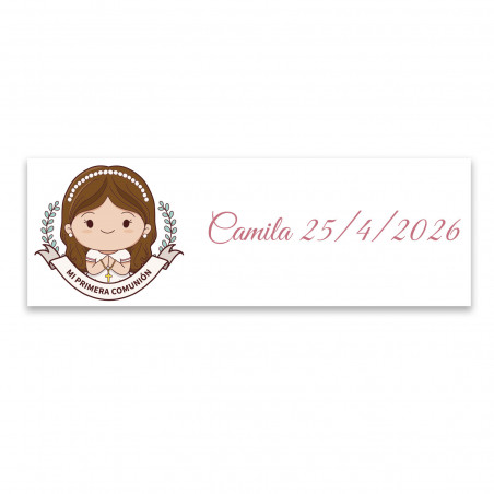 Leque com borla rosa em caixa com adesivo primeira comunhão menina para presentear