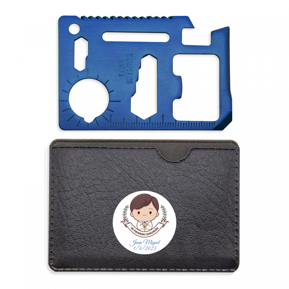 Multiherramenta azul em estojo com adesivo personalizado para comunhão de menino