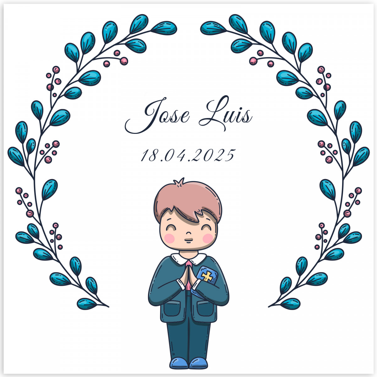 Adesivo quadrado 5x5 cm primeira comunhão menino personalizável