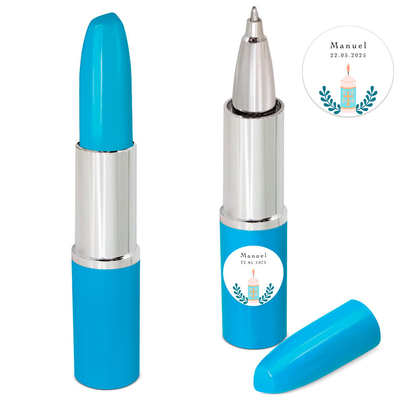 Caneta em forma de batom azul com adesivo personalizado para detalhes de comunhão