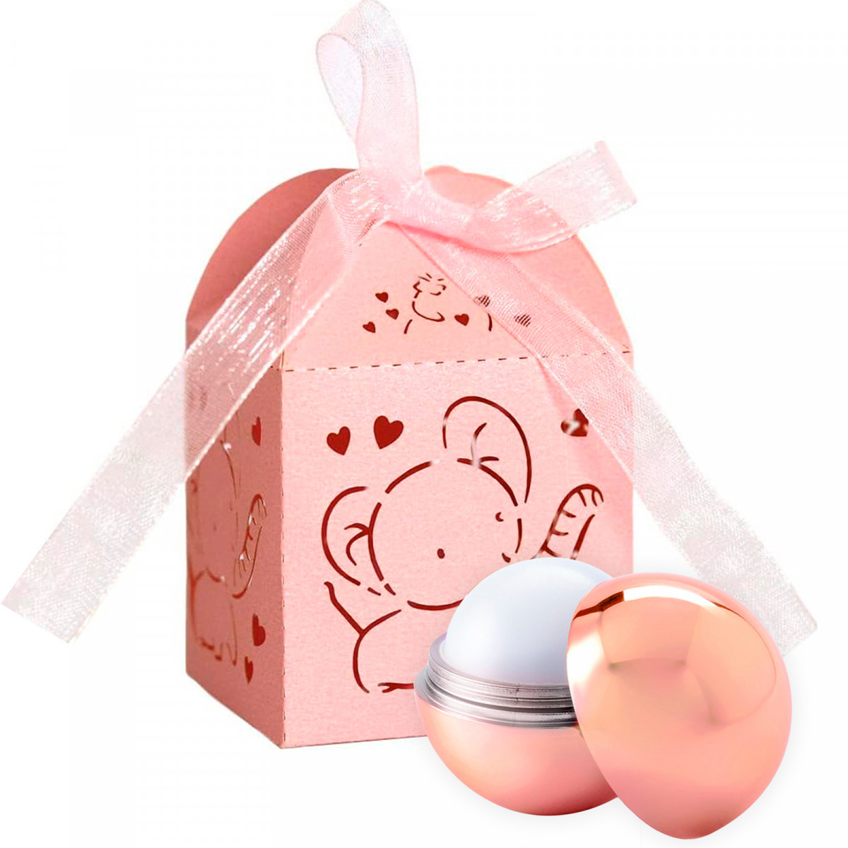 Bálsamo labial esférico em ouro rosa em caixa elegante para detalhes