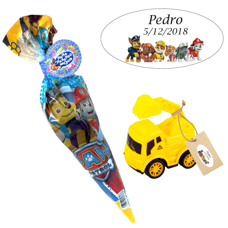 Veículo de construção personalizado com adesivo da Patrulha Canina e bolsa de doces para presentear