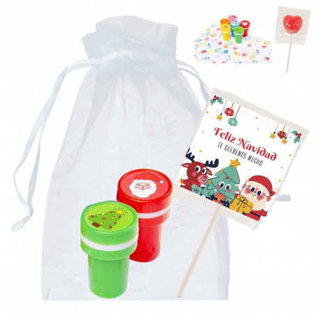 Selos infantis de Natal com pirulito personalizado do Papai Noel em bolsa de organza para presentear