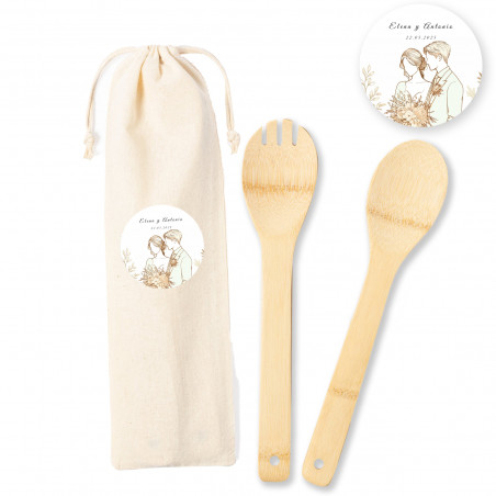 Utensílios de salada de bambu para levar em bolsa personalizada para casamentos
