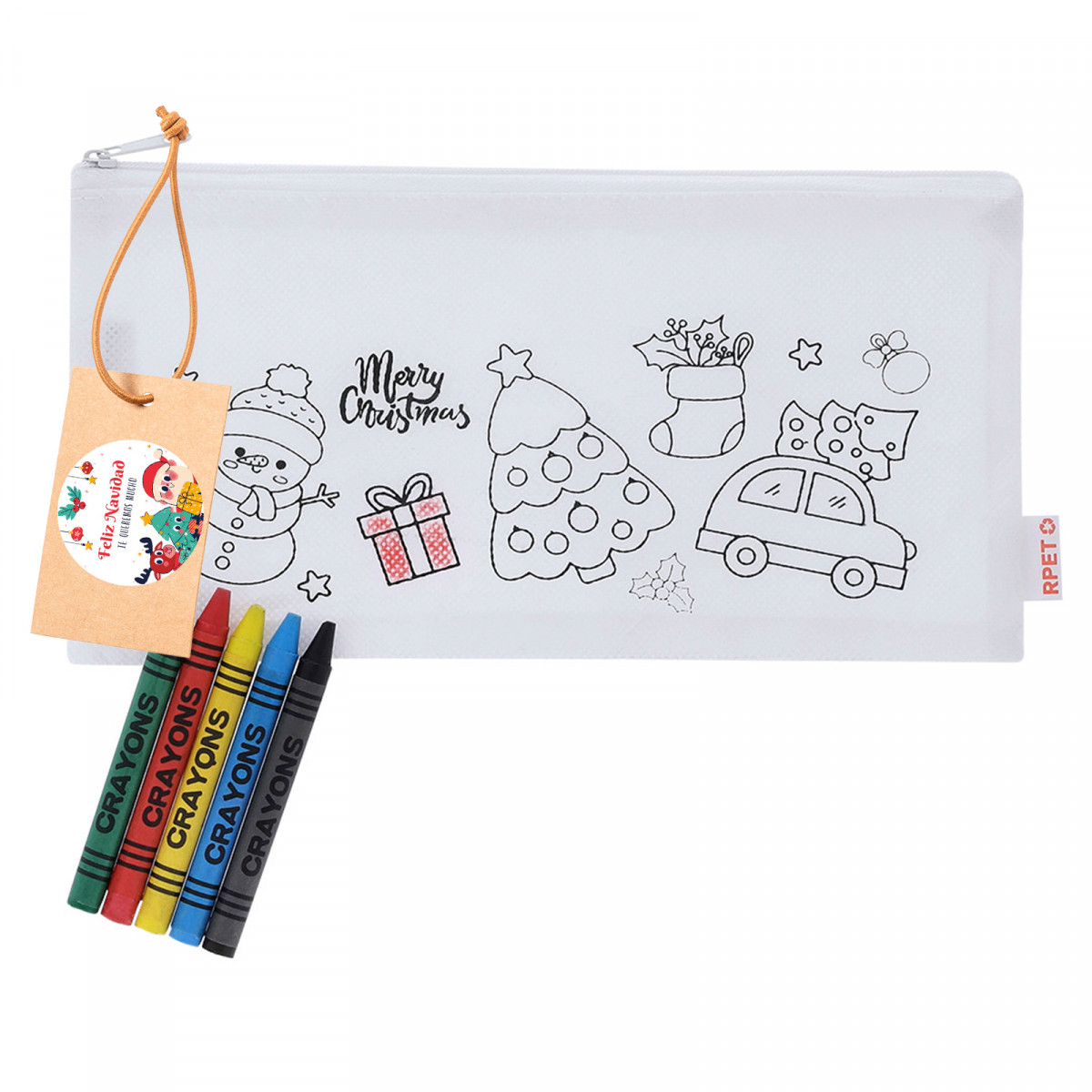 Estuche de Natal para colorir com giz de cera e etiqueta com adesivo personalizável para detalhes