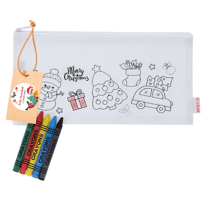 Estuche de Natal para colorir com giz de cera e etiqueta com adesivo personalizável para detalhes