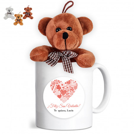 Caneca romântica personalizada com ursinho de pelúcia para pendurar como detalhe