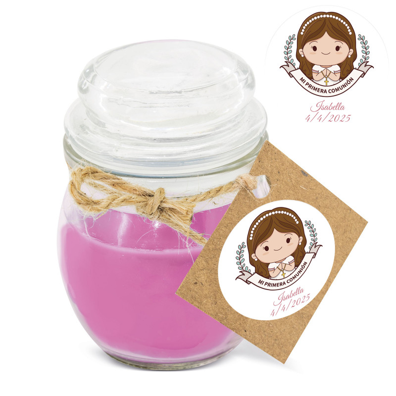Vela aromática rosa em frasco de vidro com adesivo personalizado para comunhão de menina