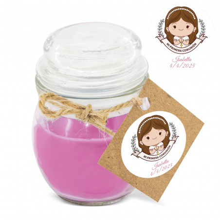 Vela aromática rosa em frasco de vidro com adesivo personalizado para comunhão de menina