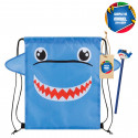 Mochila infantil tubarão com lápis e etiqueta personalizada com adesivo de quadrinhos para convidados