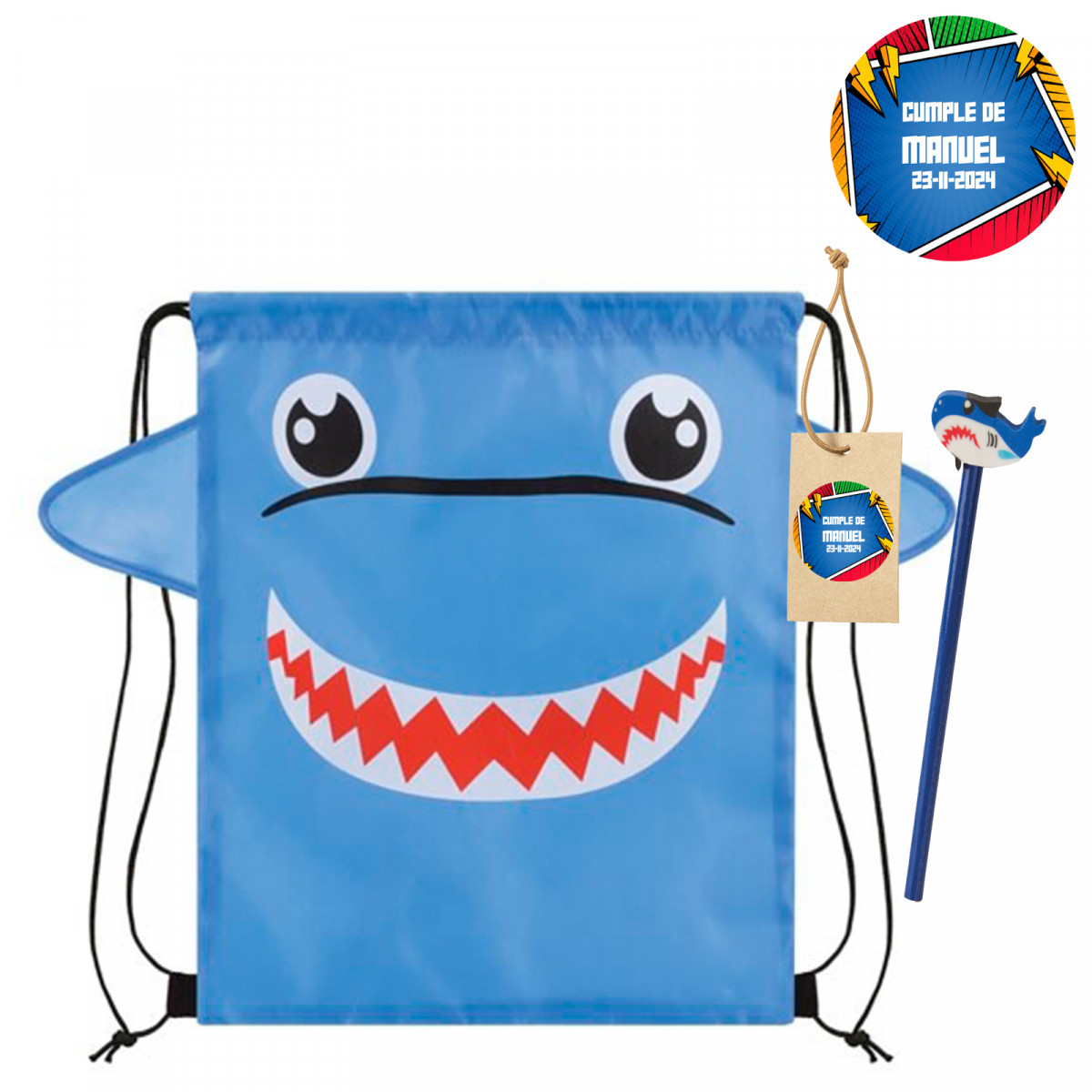 Mochila infantil tubarão com lápis e etiqueta personalizada com adesivo de quadrinhos para convidados