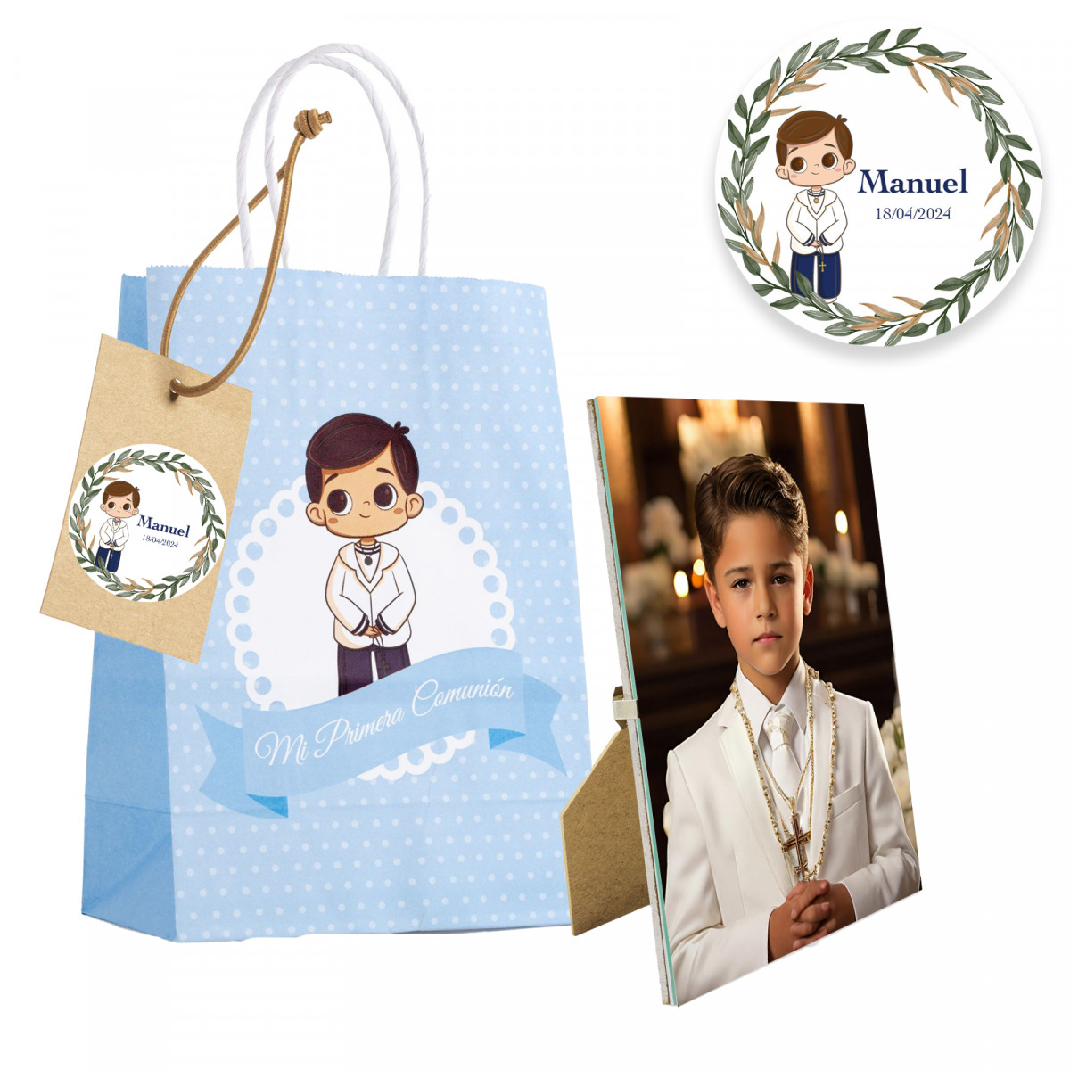 Moldura de foto com bolsa de comunhão para menino e etiqueta personalizável para presentear