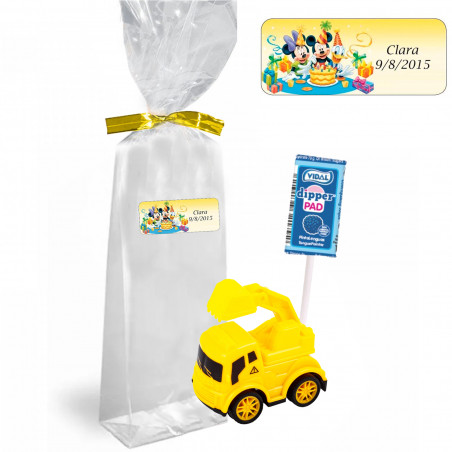 Guindaste de brinquedo e concha de framboesa em bolsa personalizada com personagens da Disney para aniversário