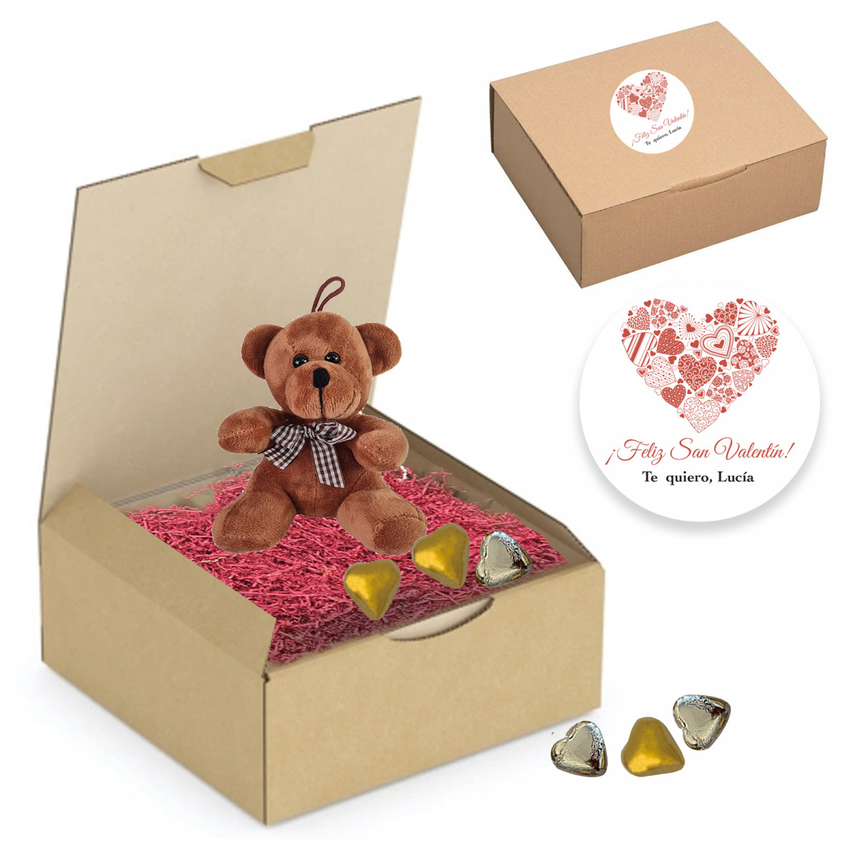 Urso de pelúcia para pendurar e bombons de chocolate coração em caixa com aparas personalizadas para o Dia dos Namorados