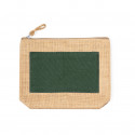 Necessaire de juta com detalhe em verde personalizado com etiqueta de noivos e batom para detalhe de casamento
