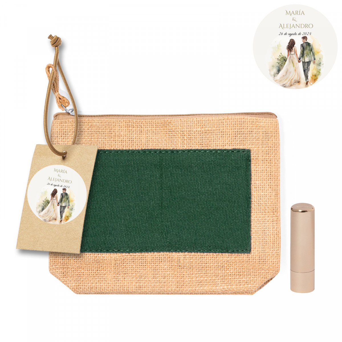 Necessaire de juta com detalhe em verde personalizado com etiqueta de noivos e batom para detalhe de casamento