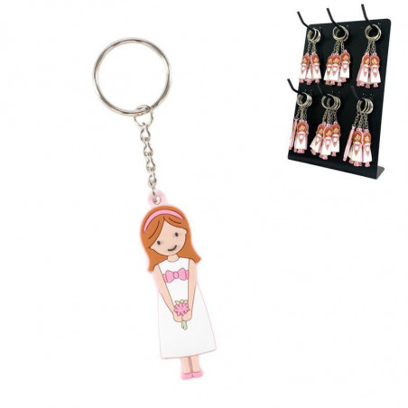 Chaveiro de comunhão menina em bolsa rosa framboesa personalizada com adesivo com pomba para presentear
