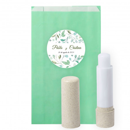 Bálsamo labial eco em envelope com adesivo design folhas personalizável para detalhes