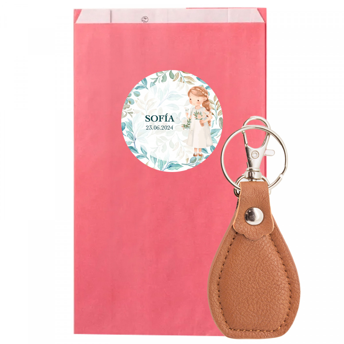 Chaveiro em envelope rosa com adesivo de primeira comunhão para detalhes de menina