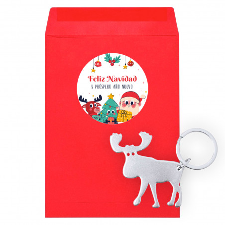 Chaveiro abridor de renas em envelope vermelho com adesivo de Natal personalizável