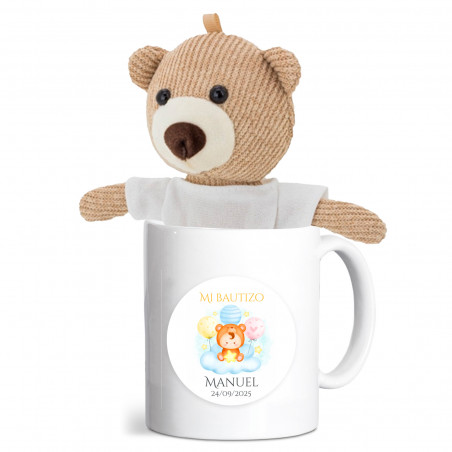 Urso de pelúcia para pendurar em caneca de cerâmica personalizada para detalhes de batizado