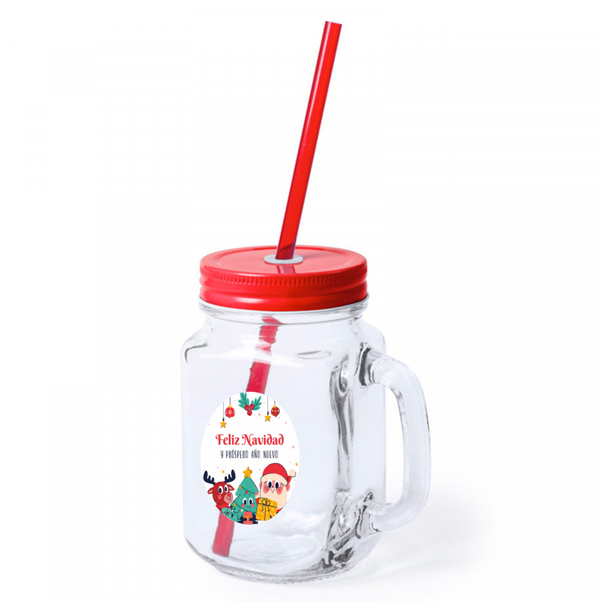 Frasco de vidro com canudo com adesivo natalino personalizável para lembrancinhas