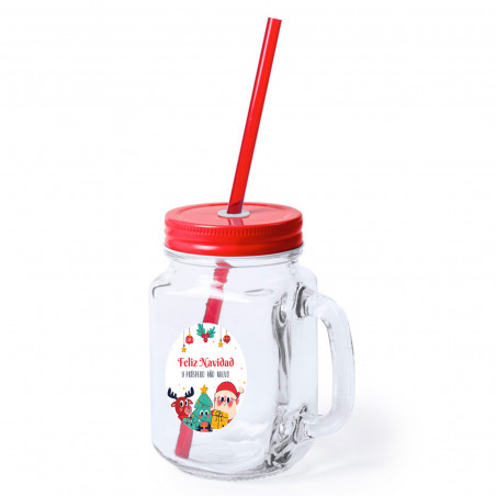 Frasco de vidro com canudo com adesivo natalino personalizável para lembrancinhas