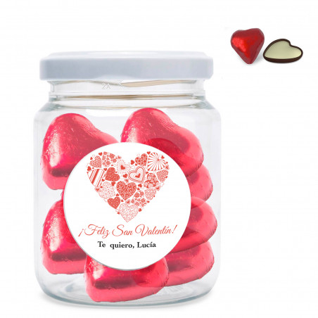 Corações de chocolate em pote personalizado para presentear
