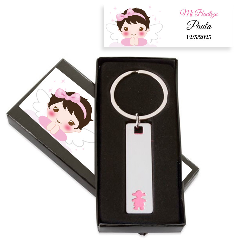 Chaveiro alongado menina em estojo personalizado para batizado