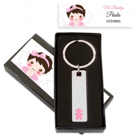 Chaveiro alongado menina em estojo personalizado para batizado