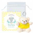 Chaveiro ursinho com cartão de agradecimento em bolsa de organza branca para lembrancinhas de batizado