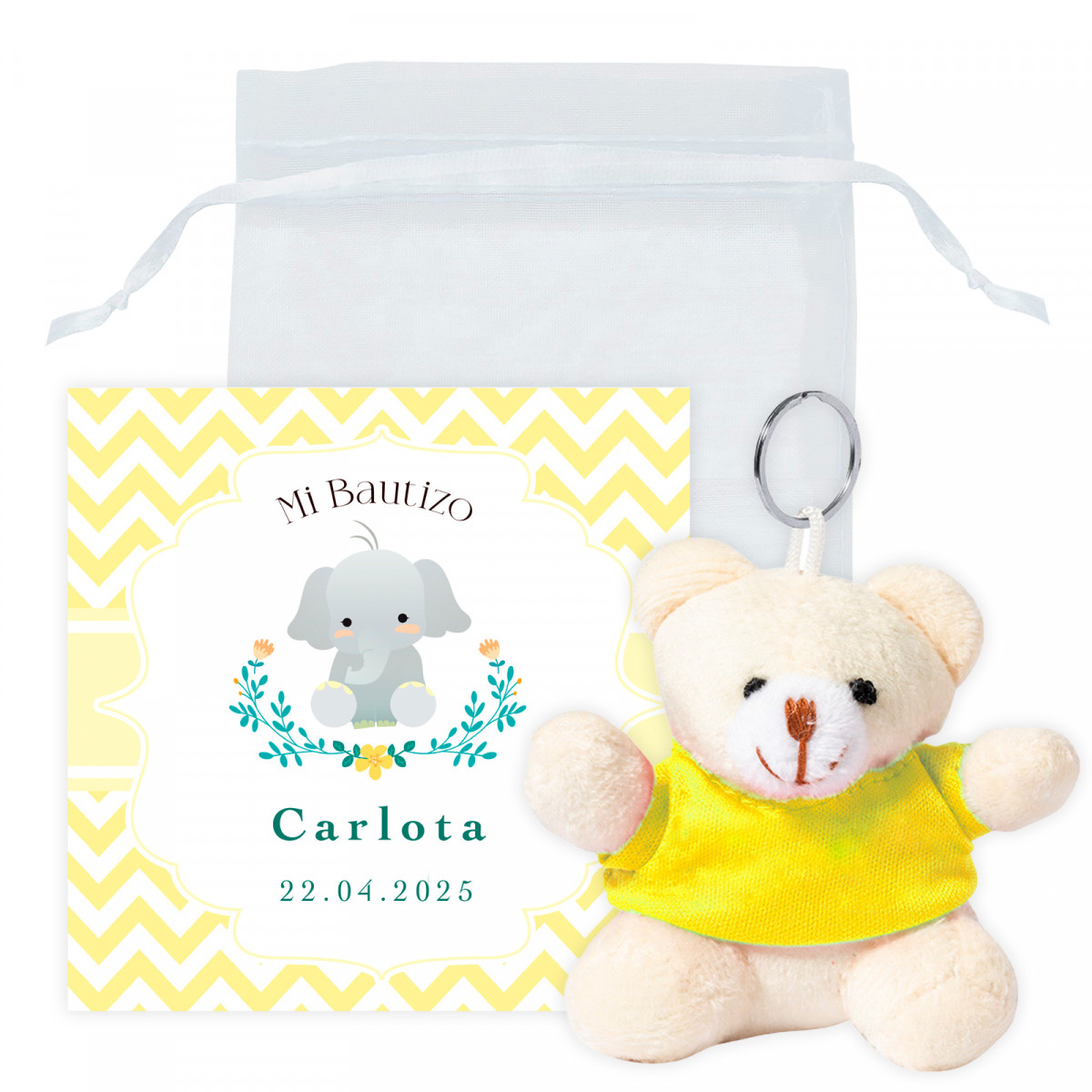 Chaveiro ursinho com cartão de agradecimento em bolsa de organza branca para lembrancinhas de batizado