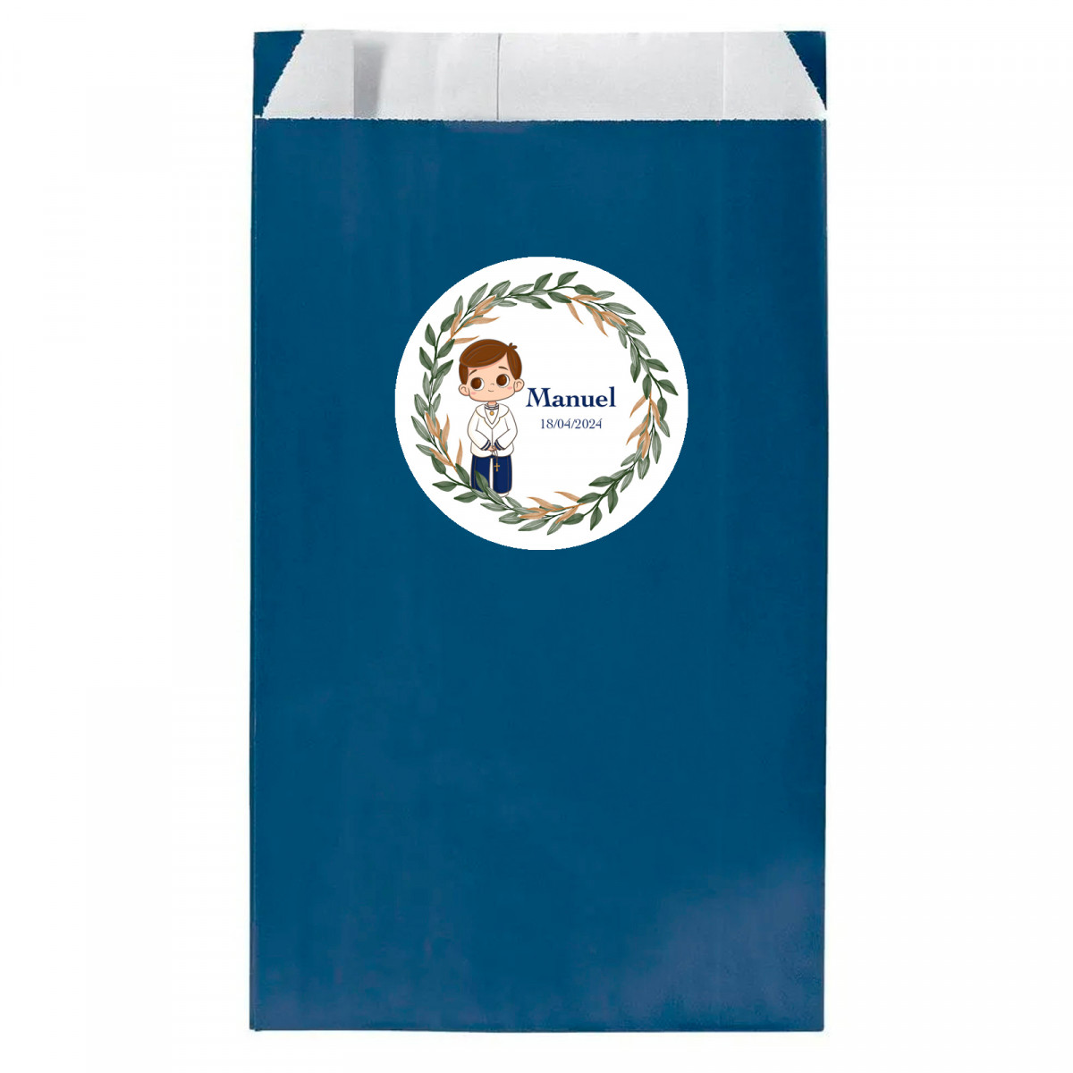 Sobre papel kraft azul marinho 7x12cm com adesivo primeira comunhão menino personalizável