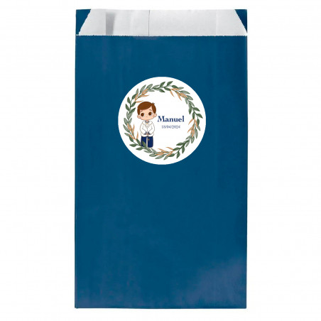 Sobre papel kraft azul marinho 7x12cm com adesivo primeira comunhão menino personalizável