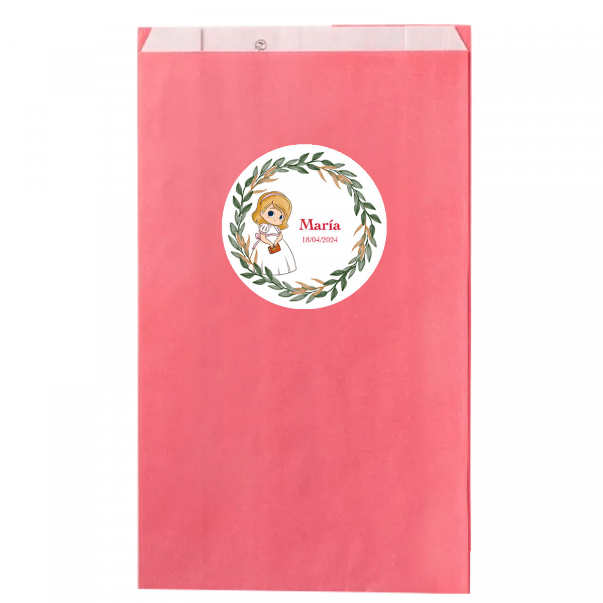 Sobre papel kraft rosa 7x12cm com adesivo primeira comunhão menina personalizável
