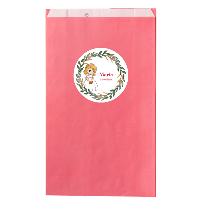 Sobre papel kraft rosa 7x12cm com adesivo primeira comunhão menina personalizável