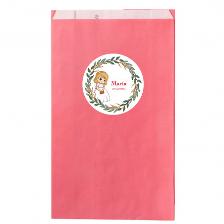 Sobre papel kraft rosa 7x12cm com adesivo primeira comunhão menina personalizável