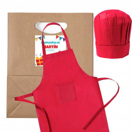Avental e touca de cozinha em bolsa com adesivo personalizável para detalhes