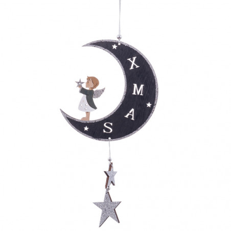 Pingente de lua com anjo de Natal de madeira para decoração